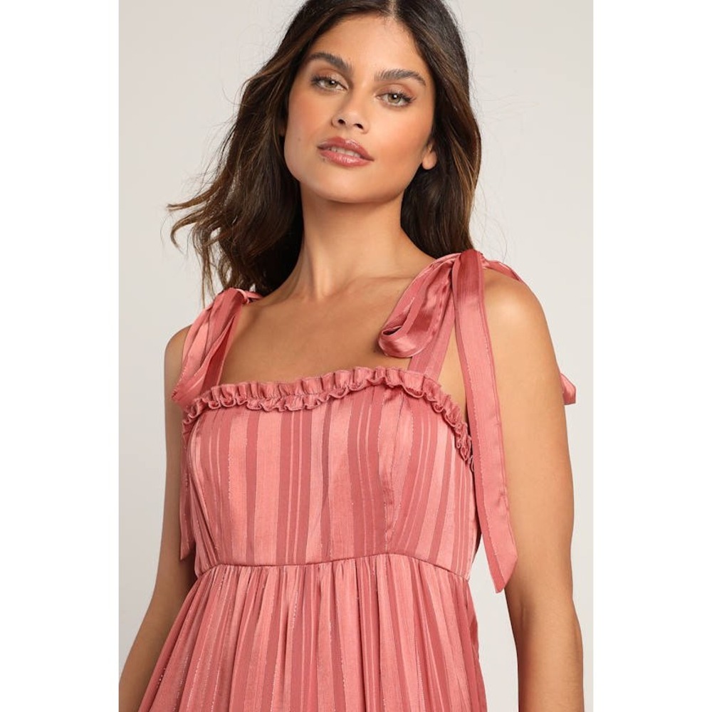 Lulus Rose Pink Metallic Striped Tiered Tie-Strap Midi Maxi Dress Size Medium ZQ - Picture 2 of 11